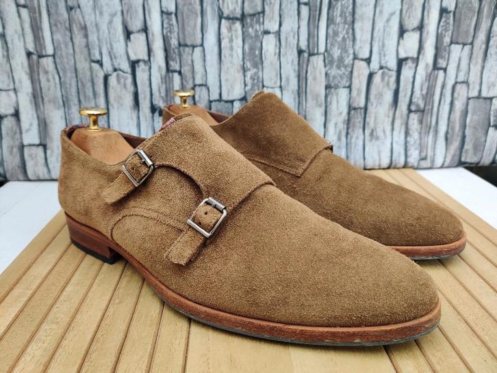 Floris van Bommel Bruin suede double monk heren - Mt 43,5, Kleding | Heren, Schoenen, Zo goed als nieuw, Gespschoenen, Bruin, Verzenden