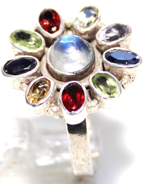 Schitterende Sterling Zilver Multi Edelsteen Entourage Ring, Sieraden, Tassen en Uiterlijk, Antieke sieraden, Ring, Zilver, Met edelsteen