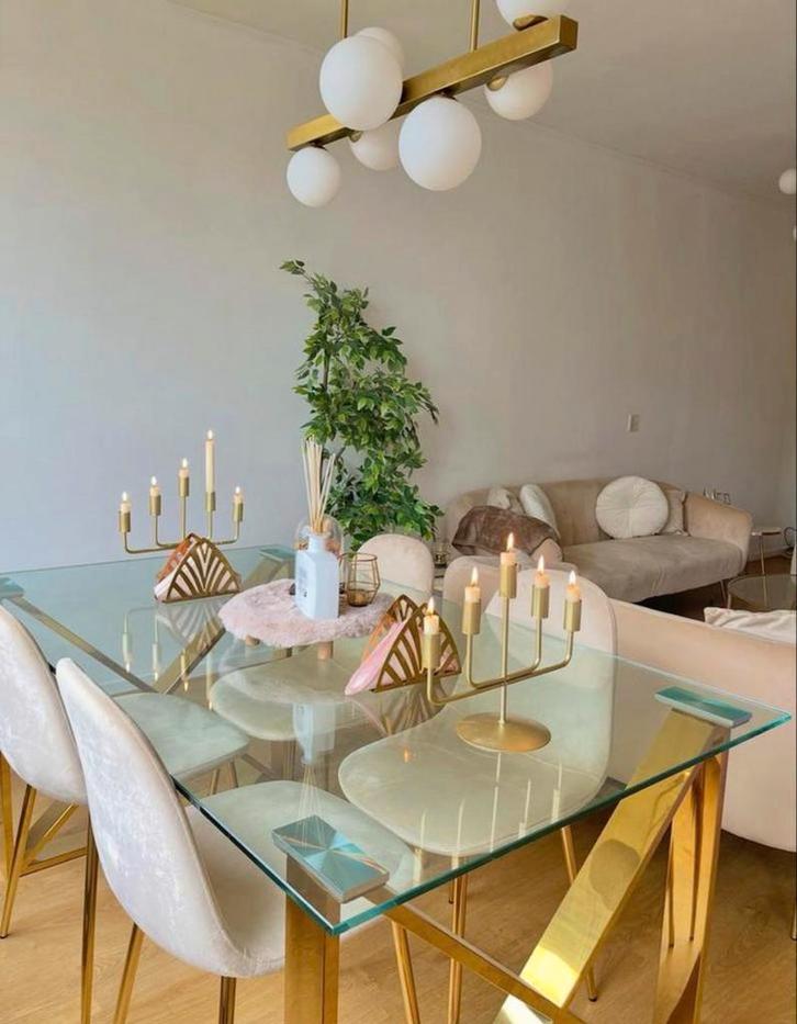 Glazen eettafel met gouden poten - 160x90cm, Antiek en Kunst, Antiek | Meubels | Tafels, Ophalen of Verzenden