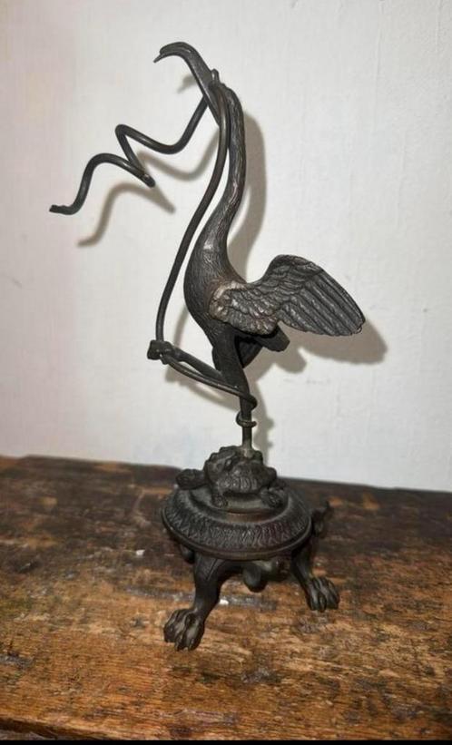 Antiek bronzen chinese kraanvogel staand op schildpad 25 cm, Antiek en Kunst, Kunst | Niet-Westerse kunst, Ophalen of Verzenden