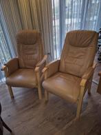 Twee comfortabele lederen fauteuils, Ophalen, Minder dan 75 cm, Hout, Zo goed als nieuw