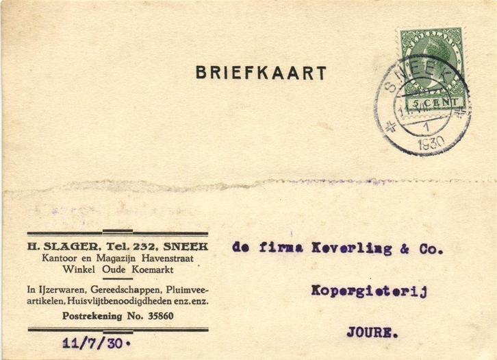 H. Slager, Sneek - 07.1930 - briefkaart, Postzegels en Munten, Brieven en Enveloppen | Nederland, Briefkaart, Ophalen of Verzenden