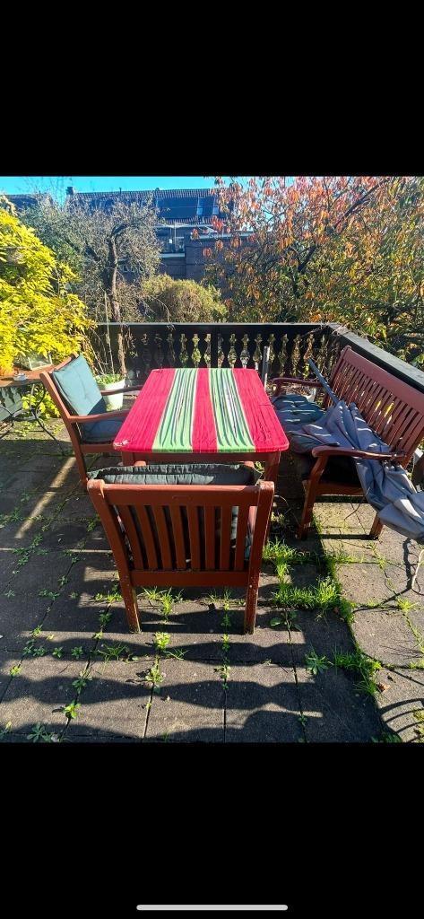 Set voor in de tuin (tafel, stoelen, bankje met kussens), Tuin en Terras, Tuinsets en Loungesets, Gebruikt, Tuinset, Bank, Eettafel