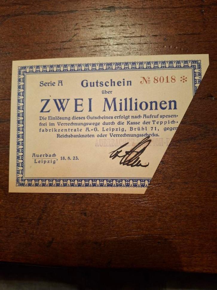2 Millionen Mark biljet, Auerbach/Leipzig, 1923, Postzegels en Munten, Aandelen en Waardepapieren, Overige typen, 1920 tot 1950