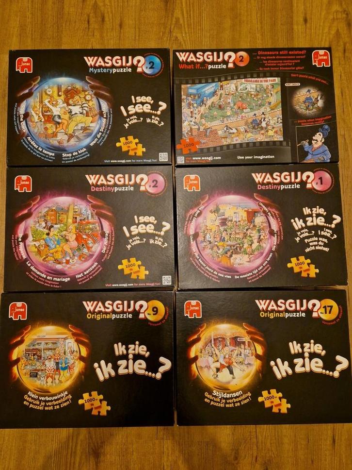 6 Wasgij puzzels 1000 stukjes - compleet, Hobby en Vrije tijd, Denksport en Puzzels, Zo goed als nieuw, 500 t/m 1500 stukjes, Ophalen
