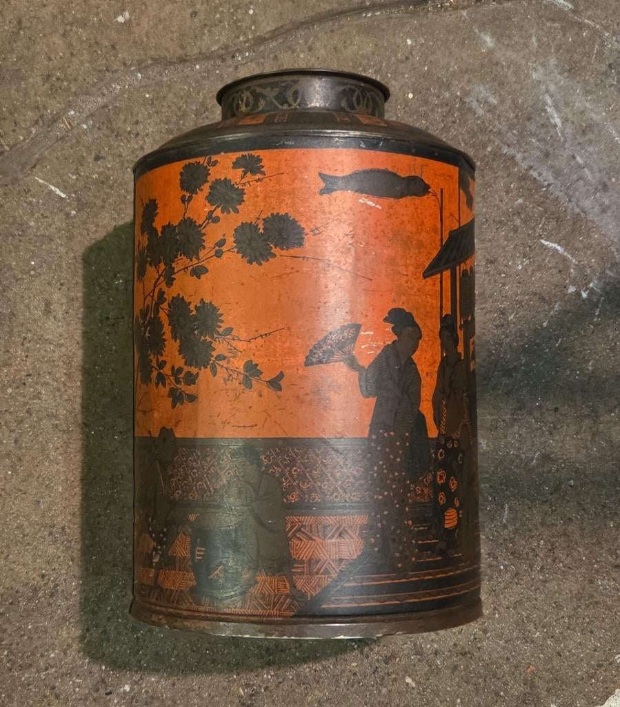 Antiek groot winkelblik Chinese thee blik, Verzamelen, Blikken, Ophalen, Gebruikt, Thee