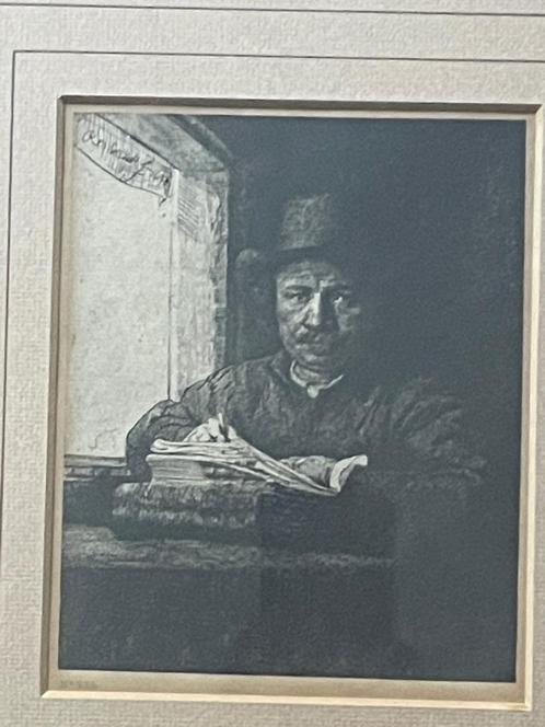 Oud in lijst - Rembrandt Etsend bij het raam - repro., Antiek en Kunst, Kunst | Etsen en Gravures, Ophalen of Verzenden