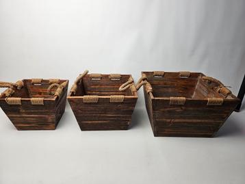 3 Aziatische Houten Bakken Set met Sisaltouw beschikbaar voor biedingen