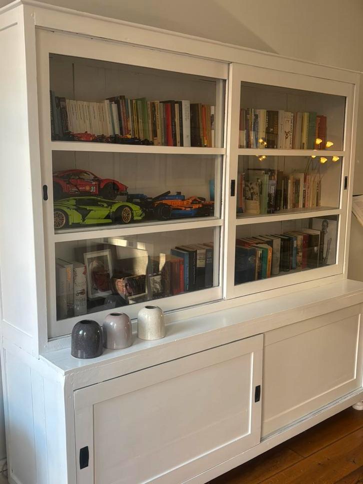 Massief houten buffet-/boekenkast – offwhite –, Huis en Inrichting, Kasten | Buffetkasten, Zo goed als nieuw, 200 cm of meer, 200 cm of meer