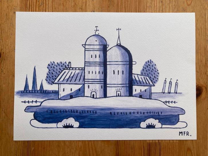 Landschap met kasteel print (A4), Antiek en Kunst, Kunst | Schilderijen | Modern, Ophalen of Verzenden