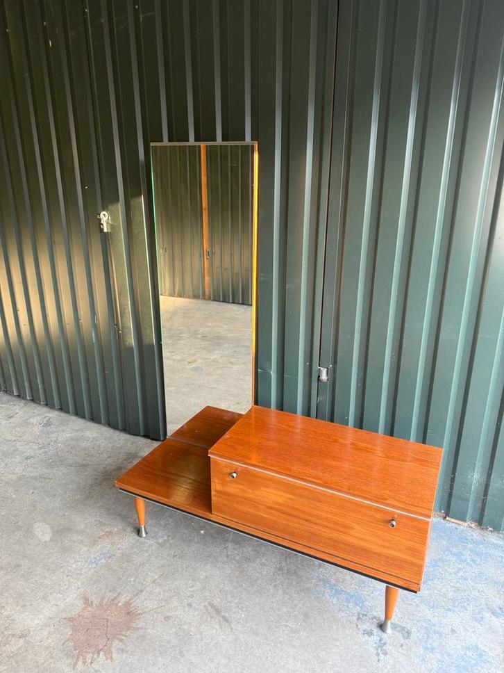 Vintage Teak Kaptafel Lowboard met Spiegel, Huis en Inrichting, Woonaccessoires | Spiegels, Gebruikt, 125 cm of meer, 150 tot 200 cm