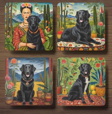 Flatcoated Retriever Frida Kahlo onderzetters met houder beschikbaar voor biedingen