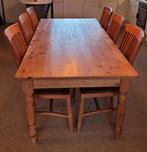Massief grenen eettafel + 6 teakhouten stoelen, Huis en Inrichting, Tafels | Eettafels, Ophalen, Gebruikt, 200 cm of meer, 50 tot 100 cm