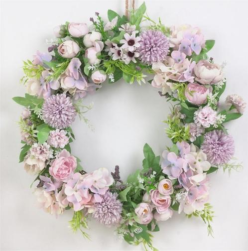Kunst Paarse Pioen Rozen Krans / Bloemenkrans Rozenkrans, Huis en Inrichting, Woonaccessoires | Kransen, Nieuw, Verzenden