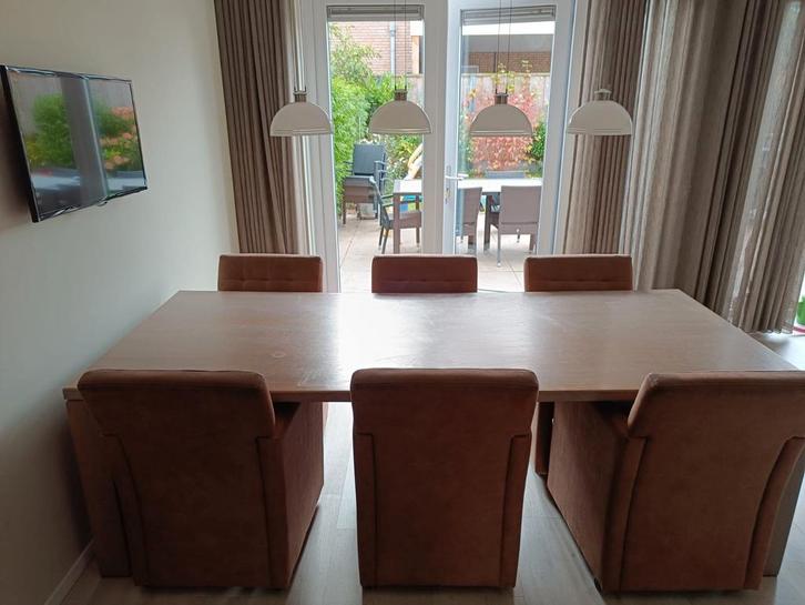 Eikenhouten eethoek met 6 stoffen stoelen, Huis en Inrichting, Tafels | Eettafels, Gebruikt, 50 tot 100 cm, 200 cm of meer, Vijf personen of meer