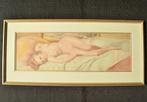 Liggend naakte dame – Ingelijste tekening in kleur, 34x74 cm, Ophalen of Verzenden