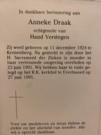 Draak x Verstegen 1924 Kronenberg 1991 Evertsoord, Ophalen of Verzenden, Bidprentje