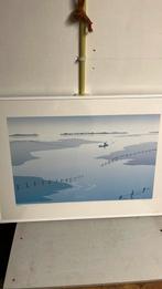 Ingelijste Prent met blauw - wit landschap, Ophalen of Verzenden, Voor 1940, Gebruikt, Overige onderwerpen