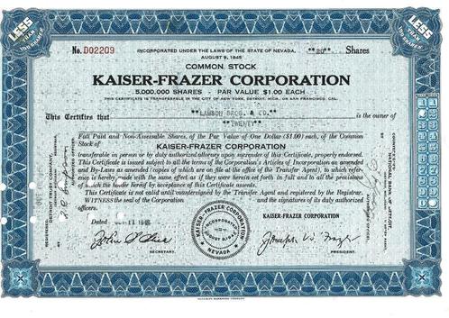 Kaiser Frazer Corporation stock oct. 1945 (KA45b), Boeken, Auto's | Folders en Tijdschriften, Zo goed als nieuw, Overige merken