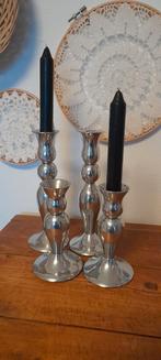 Set van 5 zilverkleurige kandelaars, 3 armige en 4 losse, Huis en Inrichting, Woonaccessoires | Kandelaars en Kaarsen, Ophalen of Verzenden