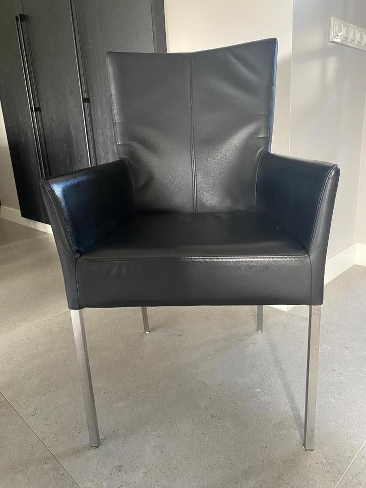 Zes mooie zwarte leren eetkamerstoelen, Huis en Inrichting, Stoelen, Gebruikt, Vijf, Zes of meer stoelen, Leer, Zwart, Ophalen