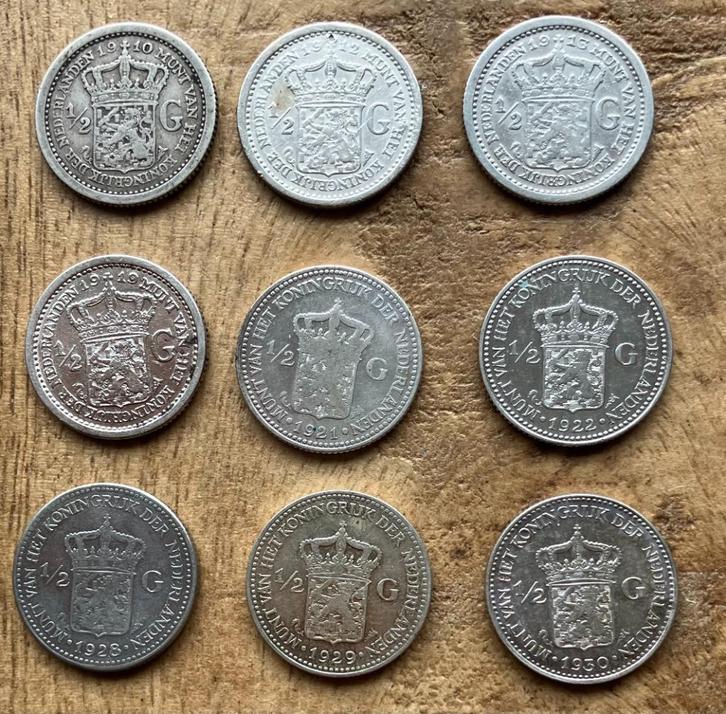 compleet setje halve guldens Wilhelmina, Postzegels en Munten, Munten | Nederland, Setje, ½ gulden, Koningin Wilhelmina, Zilver