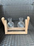 Kleine vaasjes op houten houder, Overige kleuren, Ophalen of Verzenden, Minder dan 50 cm, Glas