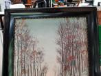 Schilderij winterse bosweg. Zwarte houten lijst., Ophalen