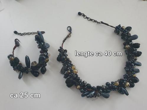 Zwart gemêleerde ketting en armband van glaskralen op koperd, Sieraden, Tassen en Uiterlijk, Kettingen, Zo goed als nieuw, Zwart