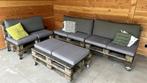 Pallet banken set incl tafel en kussens, Tuin en Terras, Tuinsets en Loungesets, Ophalen, Gebruikt, 6 zitplaatsen, Bank