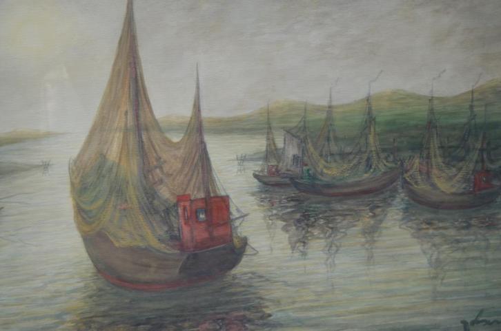 Aqua Theo Idserda (Mol 1912 - Brugge 1992) Vissersscheepjes., Antiek en Kunst, Kunst | Schilderijen | Klassiek, Ophalen