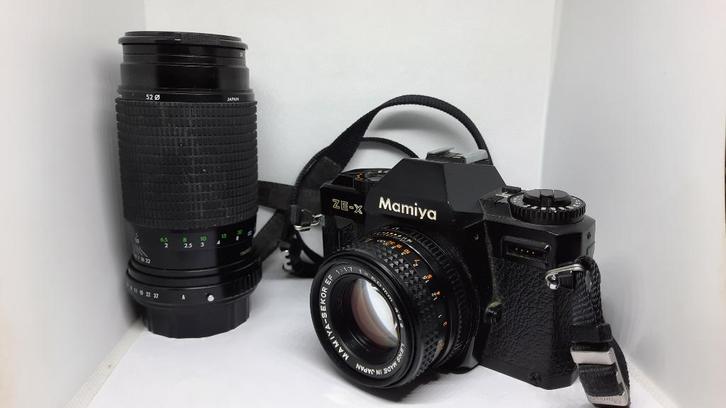 Vintage Mamiya ZE-X spiegelreflexcamera met 2 lenzen, Audio, Tv en Foto, Fotocamera's Analoog, Gebruikt, Spiegelreflex, Overige Merken