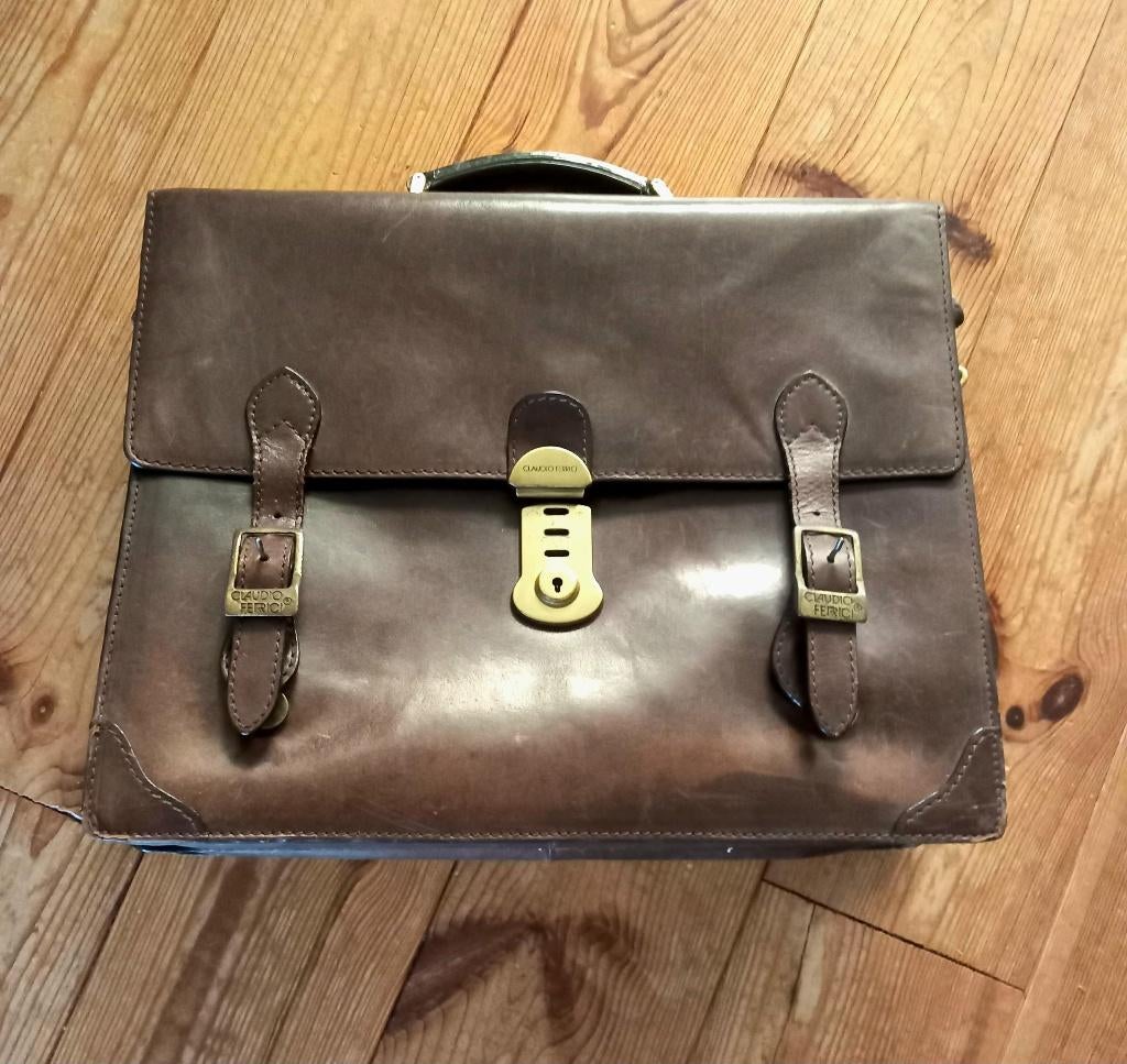 Mooie Leren aktetas Claudio Ferrici ZGAN, oa voor laptop, Bruin, Aktetas of Boekentas, Zo goed als nieuw, Leer