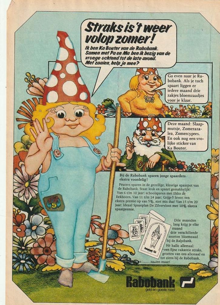 Retro reclame 1977 Rabobank tuinieren samen met Ka Bouter, Verzamelen, Retro, Overige typen, Verzenden