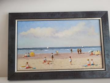 Olieverfschilderij van zomers strandgezicht met mensen. beschikbaar voor biedingen