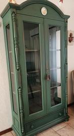 Groene Brocante Landelijke Vitrinekast / Servieskast, Ophalen, Met deur(en), 100 tot 150 cm, Glas