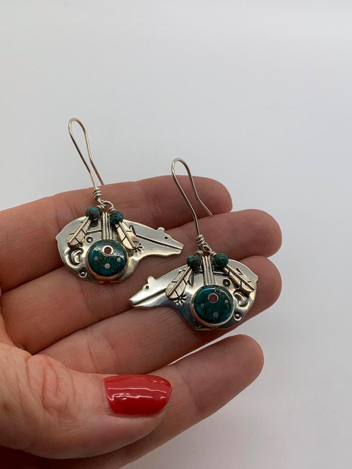 X834 Prachtige zilveren Navajo oorbellen E. Benally, Sieraden, Tassen en Uiterlijk, Oorbellen, Hangers, Zilver, Zilver, Met edelsteen