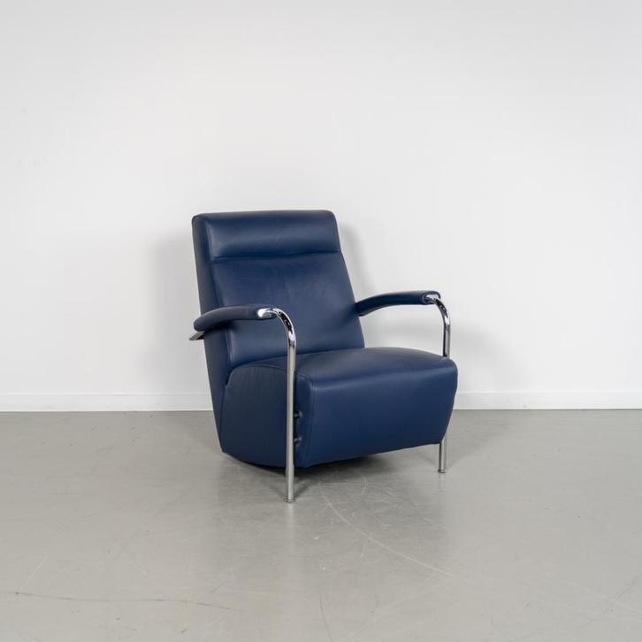 1x Leolux Scylla Fauteuil Hoog Blauw Leer - Chroom, Huis en Inrichting, Fauteuils, Zo goed als nieuw, Leer, Metaal, 50 tot 75 cm