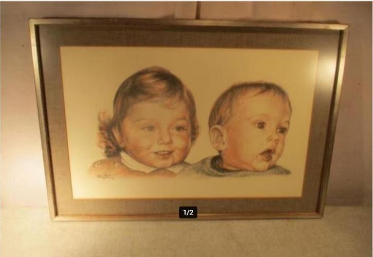 Mooie Tekening 'Zus met Kleine Broer' - Muytten, Antiek en Kunst, Kunst | Tekeningen en Foto's, Ophalen of Verzenden