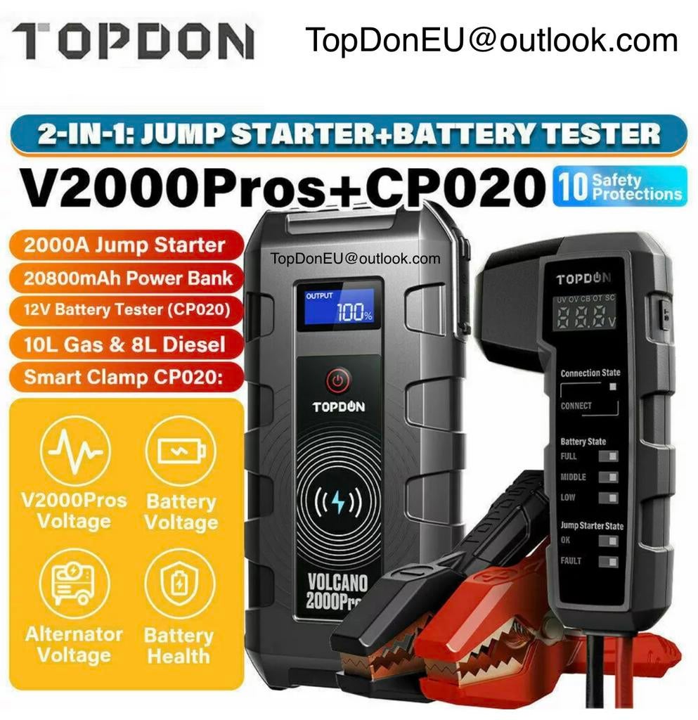 TopDon 2000 ProS jumpstarter battery pack all-in, Auto diversen, Autogereedschap, Nieuw, Ophalen of Verzenden