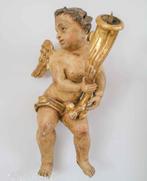 Antieke houten engel met kandelaar, Ophalen of Verzenden