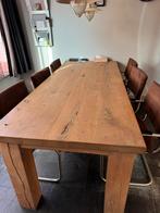 Unieke, robuuste eiken tafel 90x220 met 6 stoelen., Ophalen, Gebruikt, Eikenhout, 200 cm of meer