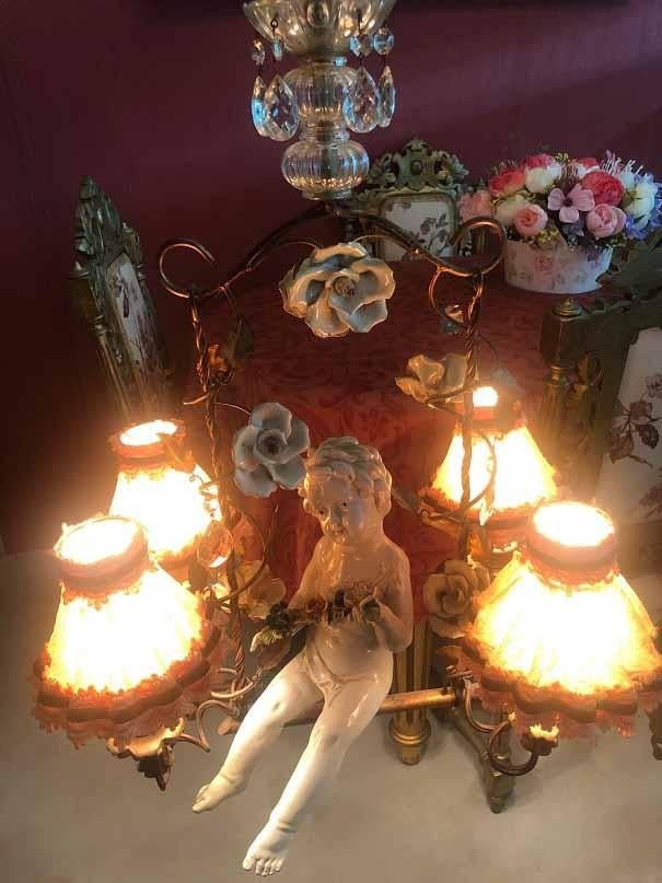 Antiek brocante kroonluchter Jordaanse hanglamp engel beeld, Ophalen of Verzenden