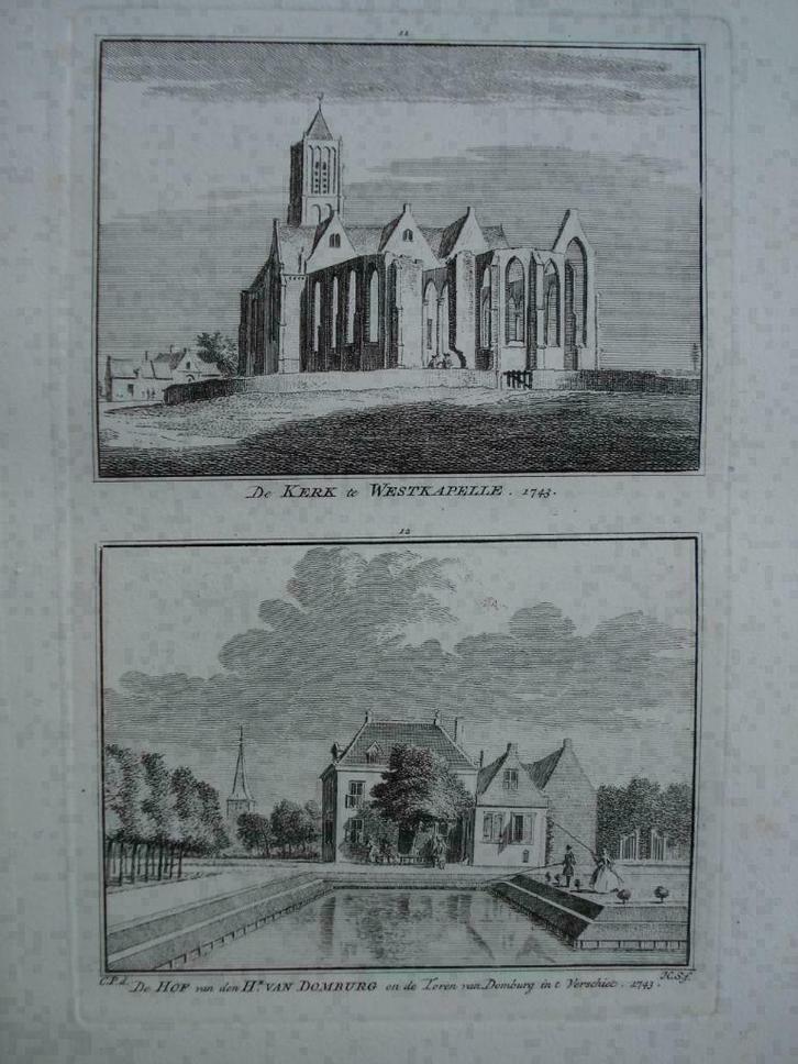 011-012/ Westkapelle / Domburg Kopergravure 1750, Antiek en Kunst, Kunst | Etsen en Gravures, Ophalen of Verzenden