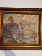 Schilderij: Brug over rivier met bergen, Ophalen of Verzenden