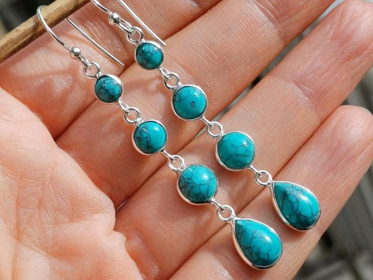 Vanoli lange 925 zilveren oorbellen met turquoise, Sieraden, Tassen en Uiterlijk, Oorbellen, Nieuw, Hangers, Zilver, Blauw, Met edelsteen