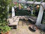 Palletbank groot 10pers. Taupe kussens, Tuin en Terras, Tuinsets en Loungesets, Ophalen, Zo goed als nieuw, Bank