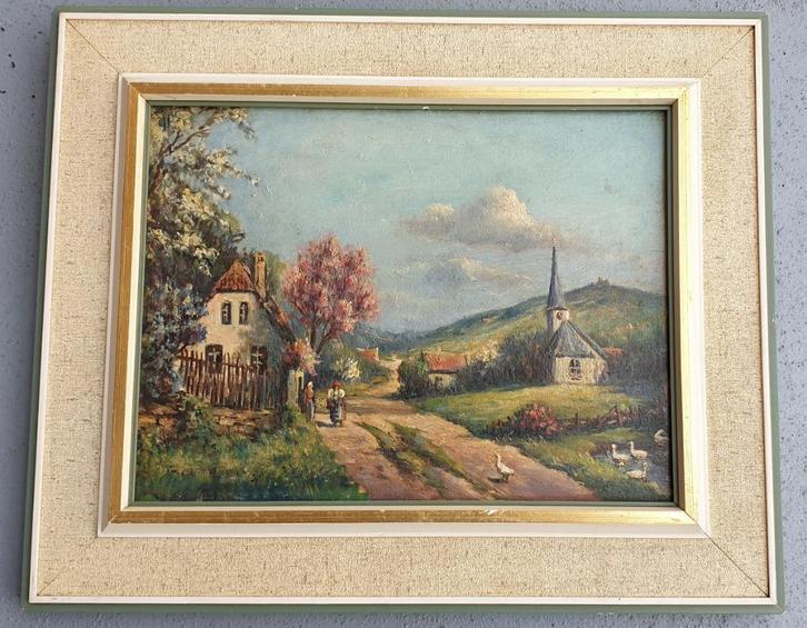 Prachtige dorpsgezicht met figuren, ganzen en natuur., Antiek en Kunst, Kunst | Schilderijen | Klassiek, Verzenden
