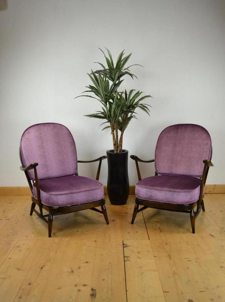 1970s Set Ercol Windsor stoelen (nwe kussens & bekleding !), Huis en Inrichting, Stoelen, Zo goed als nieuw, Twee, Hout, Stof