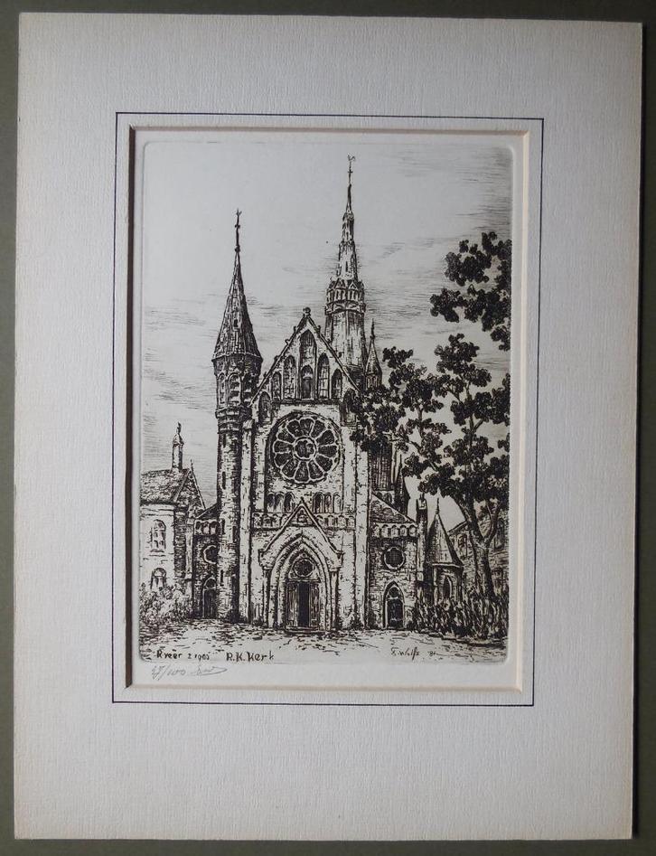 Raamsdonksveer R.K. Kerk rond 1900 ets Frans Wolfs 1981, Antiek en Kunst, Kunst | Etsen en Gravures, Verzenden